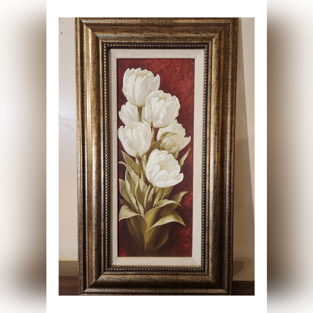 Vintage Art Floral Print By Igor Levashov White Tulips Wood Frame - 27” x 15"